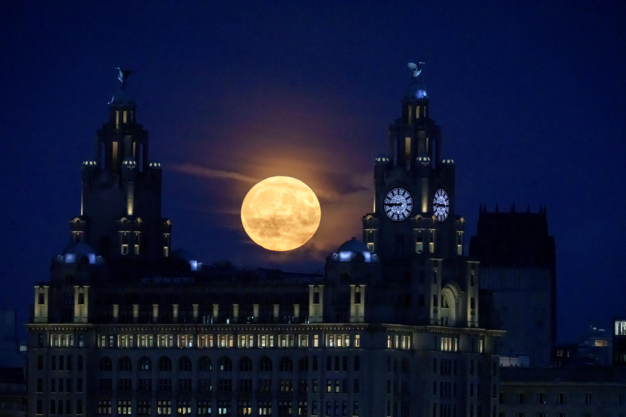 LIVERPOOL, UNITED KINGDOM - AUGUST 30: A full blue moon rises behind the Royal Liver Building and the Liver Bird statues on August 30, 2023 in Liverpool, United Kingdom. In addition to its 