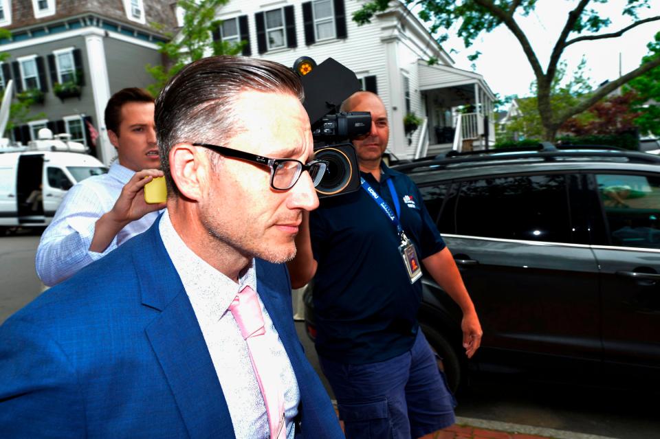 Massachusetts State Trooper Gerald Donovan walks past the press during a recess at a pre-trial hearing in the Kevin Spacey sexual assault case at Nantucket District Court in Nantucket, Massachusetts on July 8, 2019.