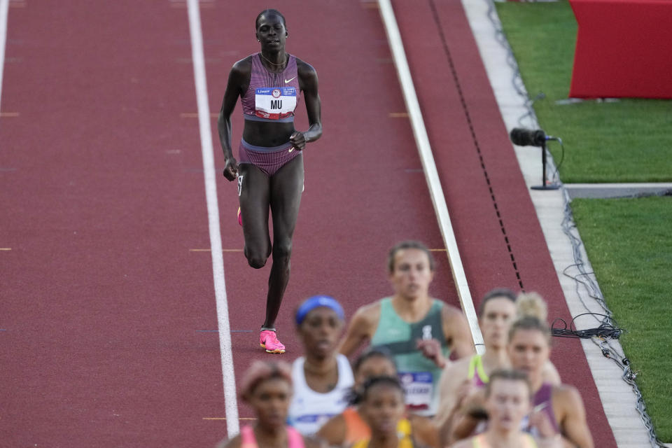 Athing Mu is in last place after falling in the women's 800-meter final during the U.S. Track and Field Olympic Team Trials Monday, June 24, 2024, in Eugene, Ore. (AP Photo/Chris Carlson)