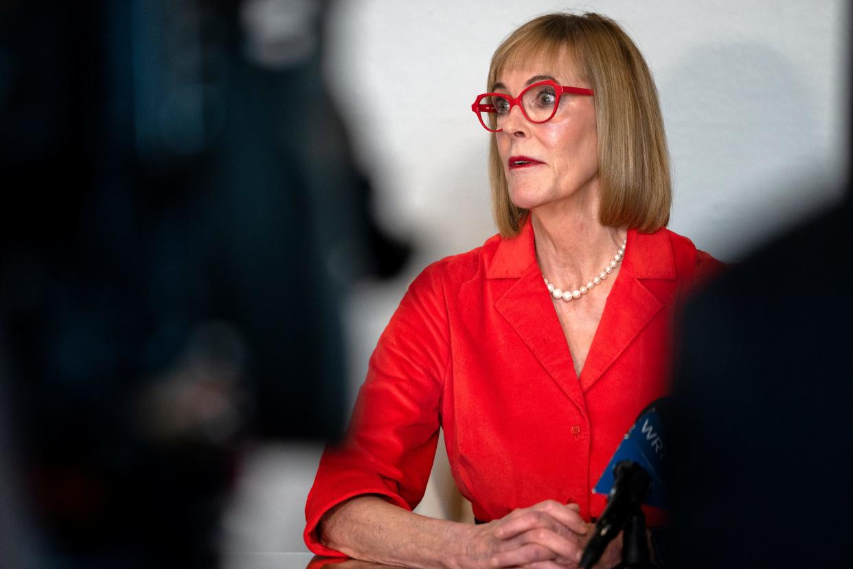 Lt. Gov. Suzanne Crouch speaks during a press conference Tuesday, Feb. 6, 2024 at the Indiana Statehouse. She talks about the FSSA administration’s proposed cuts to the Attendant Care Program which provides funding to parents and legal guardians who care for their medically complex children.