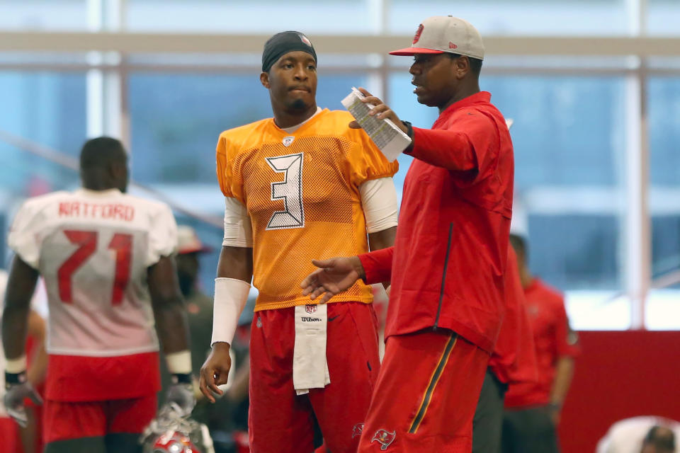 TAMPA, FL - AUG 07: Quarterback Jameis Winston (3) listens to Offensive Coordinator Byron Leftwich during the Tampa Bay Buccaneers Training Camp on August 07, 2019 at the AdventHealth Training Center at One Buccaneer Place in Tampa, Florida. (Photo by Cliff Welch/Icon Sportswire via Getty Images)