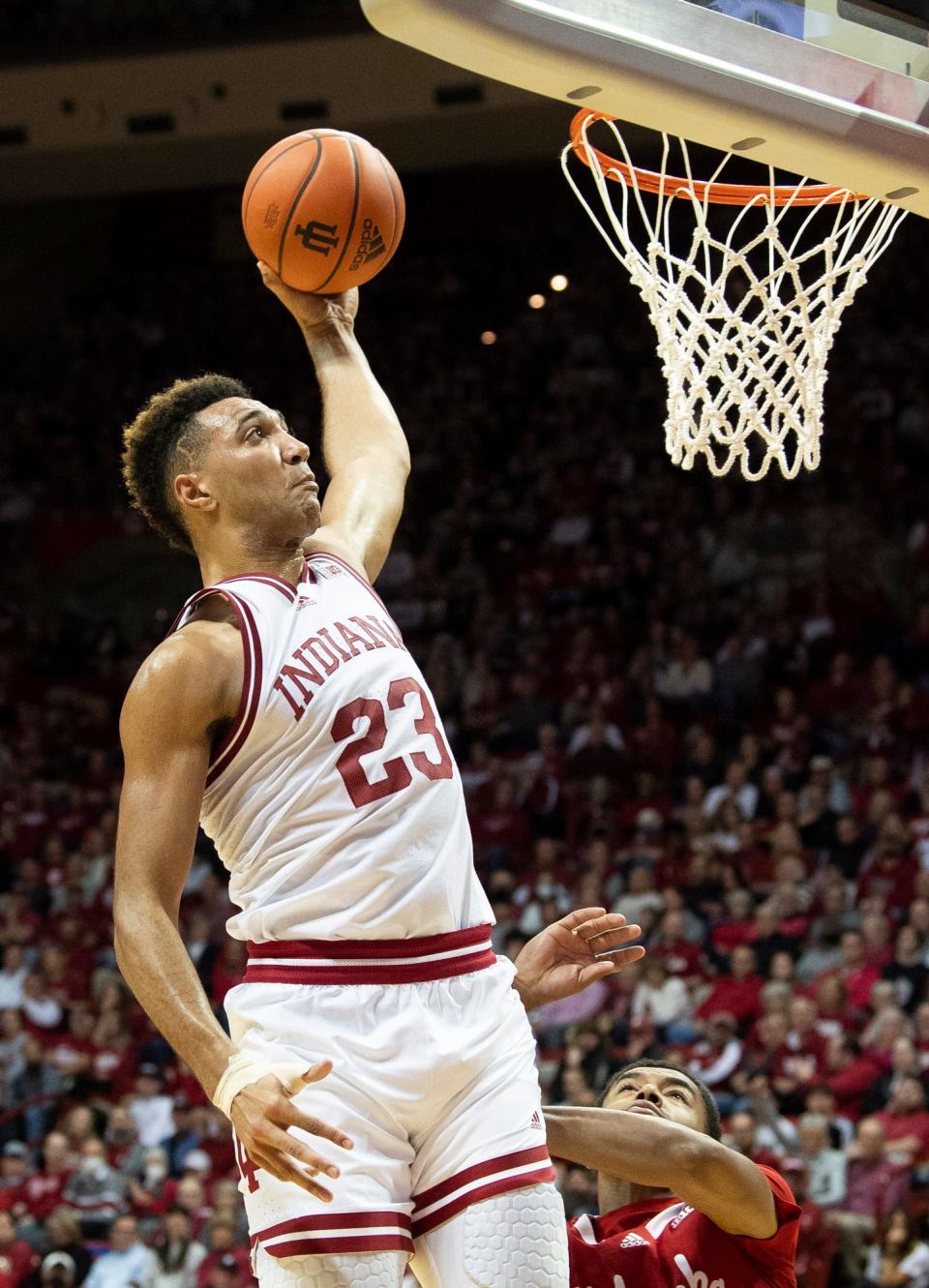 Indiana's Trayce Jackson-Davis (23) dunks during the first half of the Indiana versus Nebraska men's basketball game at Simon Skjodt Assembly Hall on Wednesday, Dec. 7, 2022.