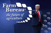 President Donald Trump walks on stage to speak at the American Farm Bureau Federation's convention in Austin, Texas, Sunday, Jan. 19, 2020. (AP Photo/Susan Walsh)