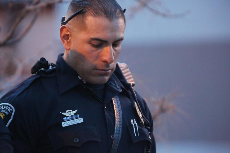 Las Cruces Police Officer Adrian De La Garza attends a memorial for Ashley Was on Thursday Feb. 27, 2020. He said he worked the investigation into Wax's killing in 2005.