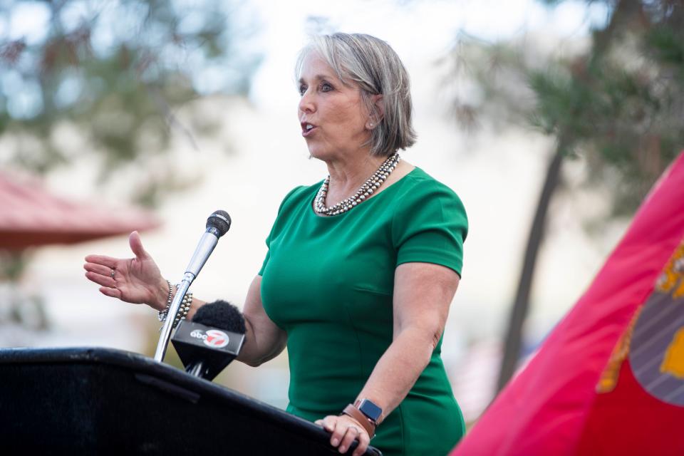 New Mexico Gov. Michelle Lujan Grisham speaks during a groundbreaking event for the new residences at the New Mexico State Veterans' Home in Truth or Consequences on Tuesday, July 26, 2022.