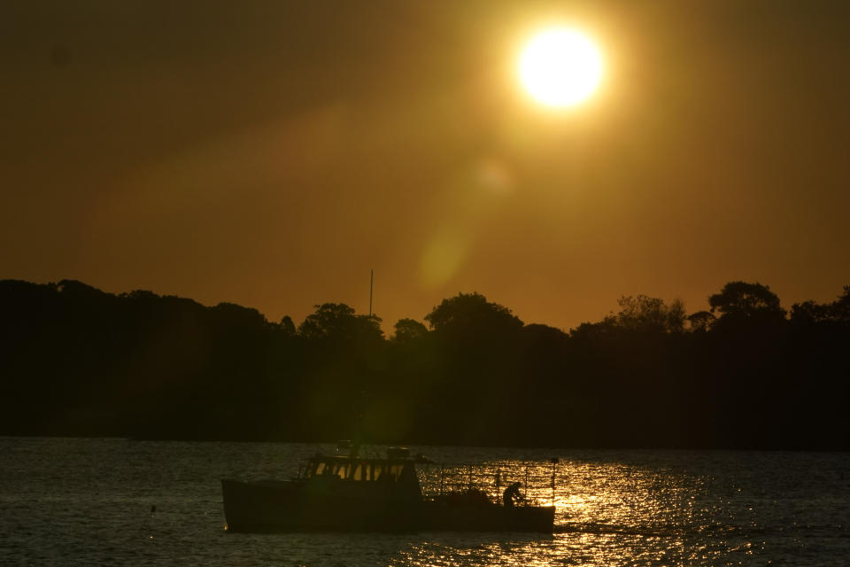 A lobsterman works on the stern of a boat hauling traps near House Island at sunrise, Monday, Sept. 21, 2020, off Portland, Maine. The state's lobster fishermen braced for a difficult summer this year due to the coronavirus pandemic, but the season was unexpectedly decent.(AP Photo/Robert F. Bukaty)