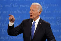 Democratic presidential candidate former Vice President Joe Biden speaks during the second and final presidential debate Thursday, Oct. 22, 2020, at Belmont University in Nashville, Tenn., with President Donald Trump. (AP Photo/Julio Cortez)