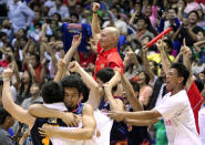 Coach Yeng Guiao is given the traditoinal victory ride. (PBA Images)