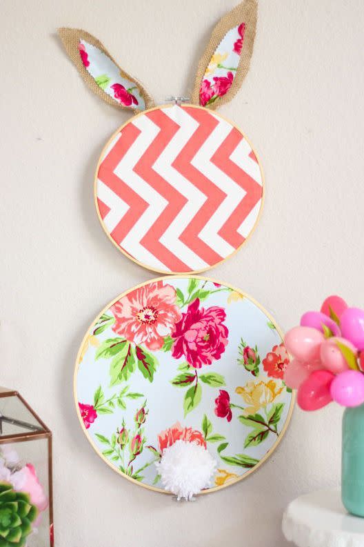 <p>Make some Easter wall decor with two embroidery hoops and colorful fabric. Don't forgot a cotton ball for a fluffy tail.</p><p><strong>Get the tutorial at <a href="https://designimprovised.com/2018/03/diy-embroidery-hoop-easter-bunny.html" rel="nofollow noopener" target="_blank" data-ylk="slk:Design Improvised;elm:context_link;itc:0;sec:content-canvas" class="link ">Design Improvised</a>.</strong></p><p><strong><a class="link " href="https://www.amazon.com/Similane-Pieces-Embroidery-Bamboo-Circle/dp/B07CV96FQV?tag=syn-yahoo-20&ascsubtag=%5Bartid%7C10050.g.1111%5Bsrc%7Cyahoo-us" rel="nofollow noopener" target="_blank" data-ylk="slk:SHOP EMBROIDERY HOOPS;elm:context_link;itc:0;sec:content-canvas">SHOP EMBROIDERY HOOPS</a><br></strong></p>