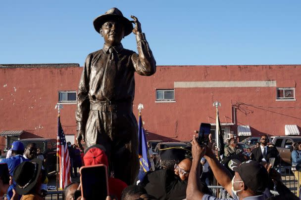 PHOTO:  A statue of Emmett Till is unveiled on October 21, 2022 in Greenwood, Mississippi.      (Photo by Scott Olson/Getty Images) (Scott Olson/Getty Images)