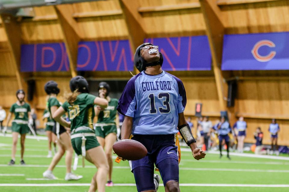 Guiford's Zariah Burnett celebrates a touchdown as the Chicago Bears hosted the Northern Illinois High School Girls Flag Football League state championships at Halas Hall on Saturday, Oct. 28, 2023, in Lake Forest. Guilford placed fourth in the state.