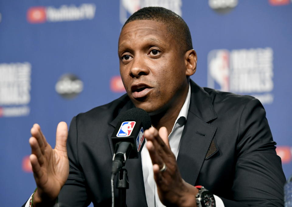 Toronto Raptors basketball team general manager Masai Ujiri speaks during a media availability in Toronto, Wednesday, May 29, 2019. Game 1 of the NBA Finals between the Raptors and Golden State Warriors is Thursday in Toronto. (Frank Gunn/The Canadian Press via AP)