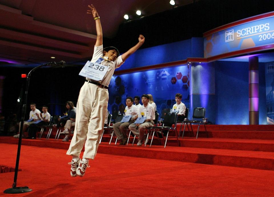 12-year-old Samir Sudhir Patel of Colleyville, Texas, leaps into the air after spelling a word correctly at the 2006 Scripps National Spelling Bee (Getty Images)