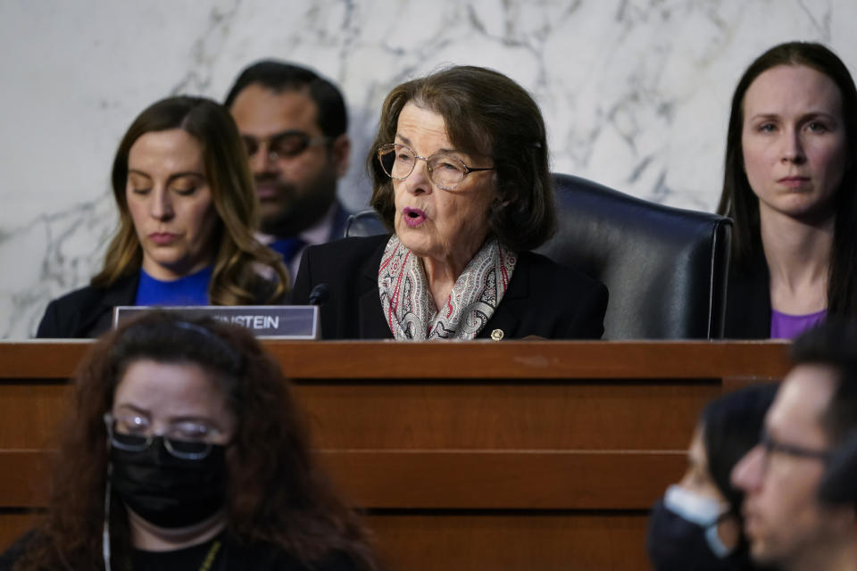 FILE - Sen. Dianne Feinstein, D-Calif., questions Supreme Court nominee Ketanji Brown Jackson during her Senate Judiciary Committee confirmation hearing, on Capitol Hill in Washington, March 22, 2022. Feinstein is not the first senator to take an extended medical absence from the Senate, or face questions about her age or cognitive abilities. But the open discussion over her capacity to serve underscores how the Senate has changed in recent years, and how high-stakes partisanship has divided the once-collegial Senate. (AP Photo/J. Scott Applewhite, File)