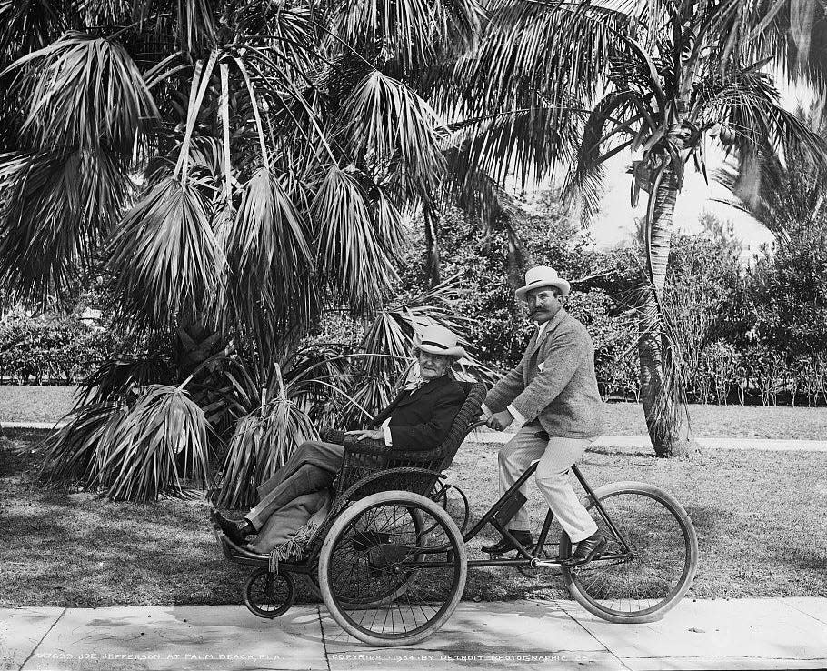 Joseph Jefferson riding around in Palm Beach in his wicker wheelchair pedaled by his longtime valet Carl Kettler.