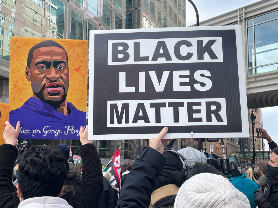 Image: People gather outside the Hennepin County Government Center in Minneapolis (Janelle Griffith / NBC News)