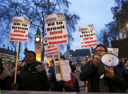 Protesters shout slogans and hold placards outside Supreme Court after the third day of the challenge against a court ruling that Theresa May's government requires parliamentary approval to start the process of leaving the European Union, in Parliament Square, central London, Britain December 7, 2016. REUTERS/Peter Nicholls