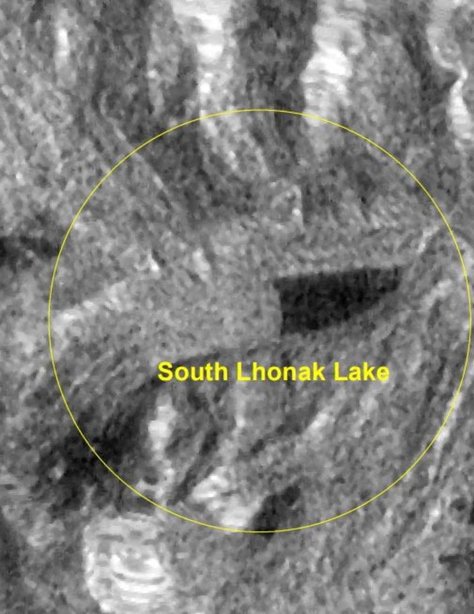 A satellite image shows the South Lhonak Lake reduced drastically when compared with 17 September 2023, after it burst causing floods in Sikkim region (via REUTERS)