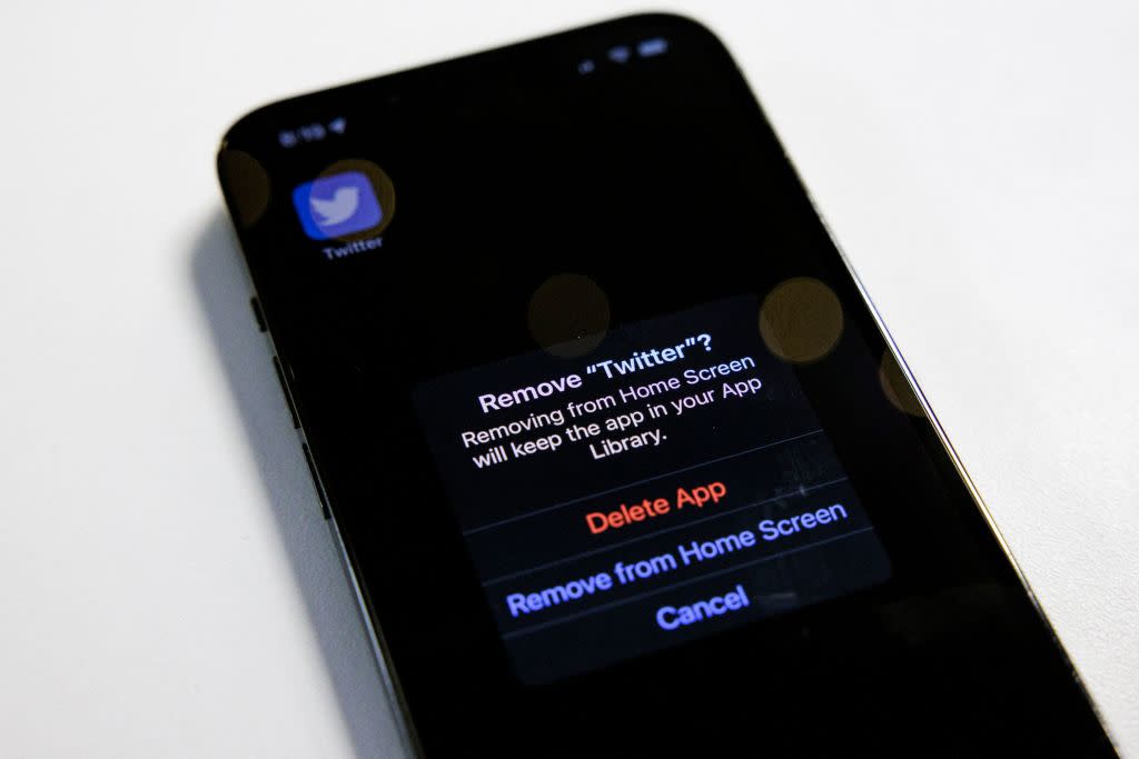 A prompt is seen to remove the Twitter app from an Apple iPhone 13 Pro in Washington, DC, on Nov. 28, 2022.