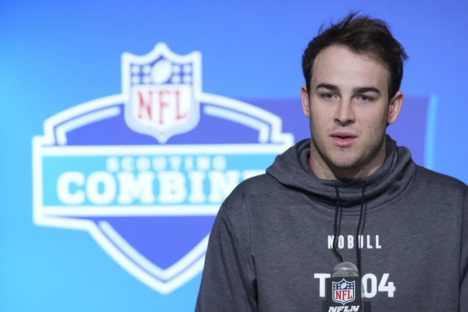 Utah tight end Dalton Kincaid fields questions during a news conference at the NFL combine in <a class="link " href="https://sports.yahoo.com/nfl/teams/indianapolis/" data-i13n="sec:content-canvas;subsec:anchor_text;elm:context_link" data-ylk="slk:Indianapolis;sec:content-canvas;subsec:anchor_text;elm:context_link;itc:0">Indianapolis</a>, Friday, March 3, 2023. | Darron Cummings, Associated Press
