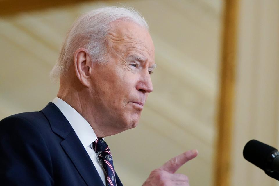 President Joe Biden speaks about Ukraine in the East Room of the White House, Tuesday, Feb. 22, 2022, in Washington.