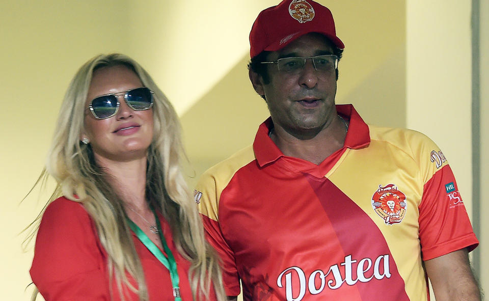 Wasim Akram, pictured here with second wife Shaniera at an Indian Premier League game in 2016.