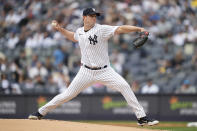 New York Yankees starting pitcher Gerrit Cole (45) throws in the first inning of a baseball game against the Minnesota Twins, Sunday, April 16, 2023, in New York. (AP Photo/John Minchillo)