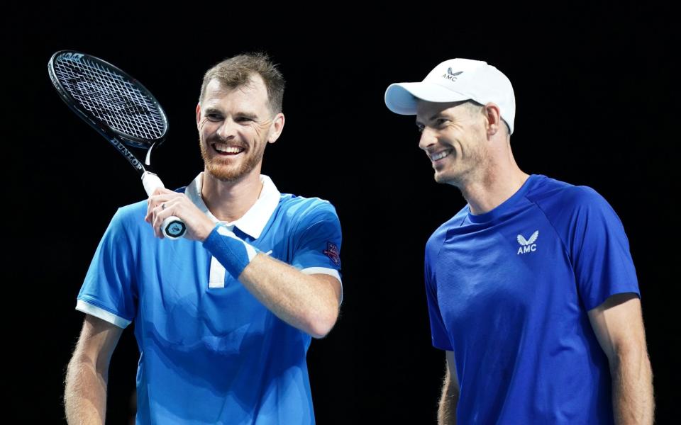 Scotland's Jamie Murray (left) and Andy Murray in their match against England's Dan Evans and Neal Skupski during day two of Schroders Battle of the Brits - Murray brothers triumph at the Battle of Brits in possible final swansong - Jane Barlow/PA