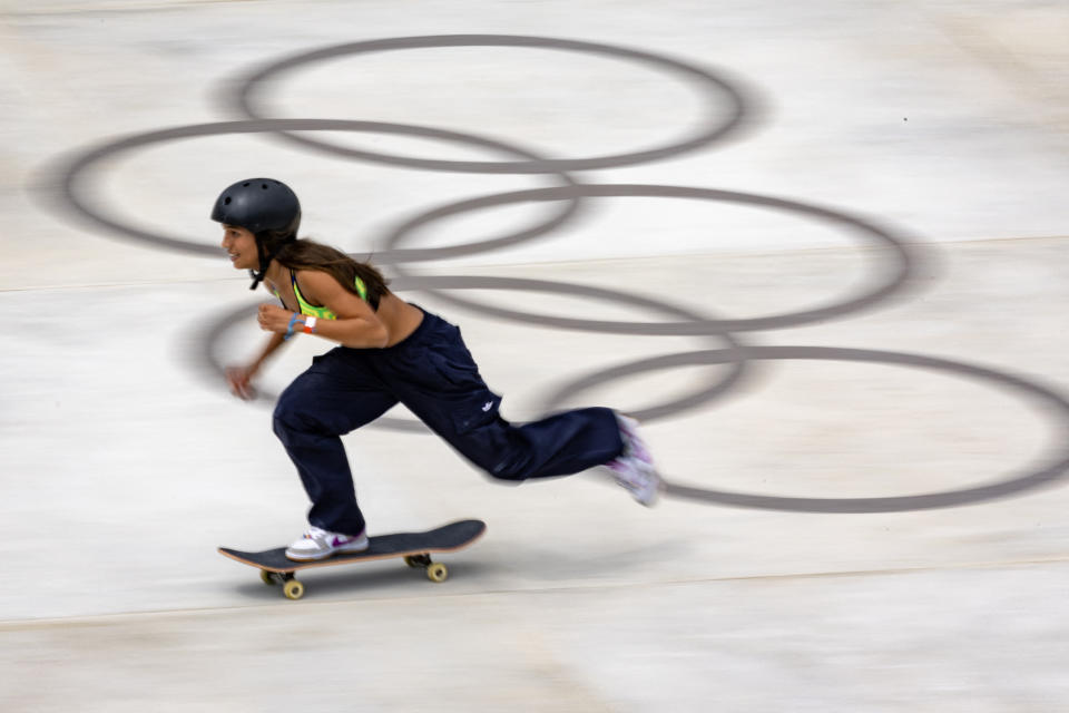 Brazilian skateboarder Rayssa Leal practices at La Concorde ahead of the Paris 2024 Olympics