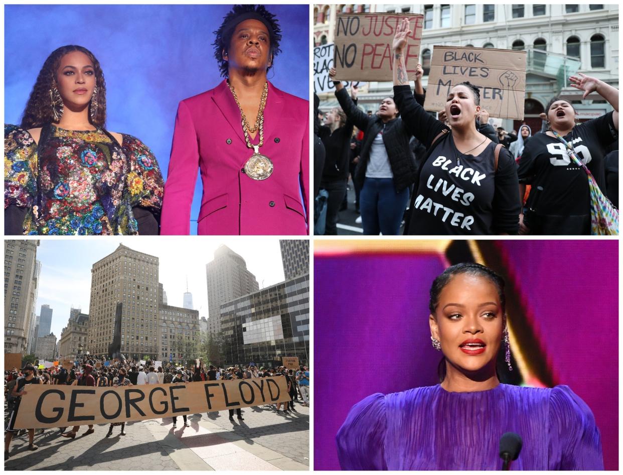 Top left clockwise: Beyonce and Jay-Z, Black Lives Matter protestors in New Zealand, Rihanna, a Black Lives Matter protest in New York City: Rex/Getty Images