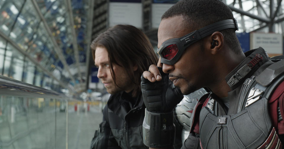 Winter Soldier/Bucky Barnes (Sebastian Stan) and Sam Wilson/Falcon (Anthony Mackie) in <i>Captain America: Civil War</i><span class="copyright">Film Frame—Marvel Studios</span>