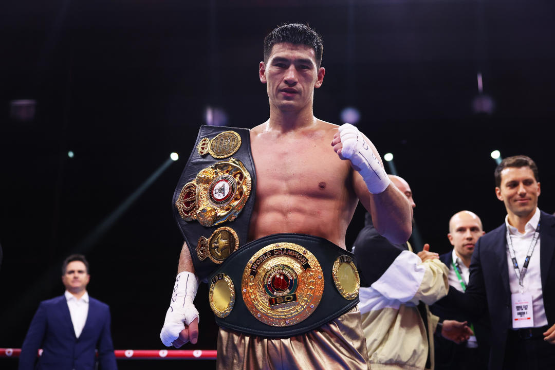 RIYADH, SAUDI ARABIA - DECEMBER 23: Dmitry Bivol celebrates victory with the belts following the IBO and WBA Super World Light Heavyweight title fight between Dmitry Bivol and Lyndon Arthur during the Day of Reckoning: Fight Night at Kingdom Arena on December 23, 2023 in Riyadh, Saudi Arabia. (Photo by Richard Pelham/Getty Images)