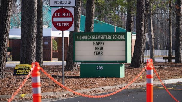 PHOTO: A school sign wishing students a 'Happy New Year' is seen outside Richneck Elementary School, Jan.7, 2023, in Newport News, Va. (Jay Paul/Getty Images)