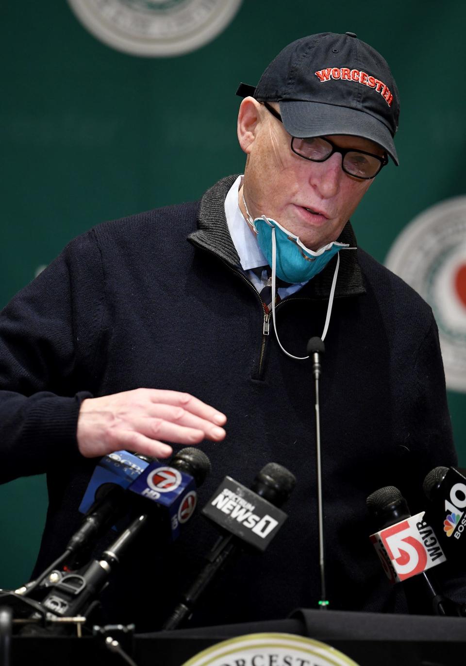 Dr. Michael P Hirsh, UMass Memorial Health Care, speaks during a COVID press briefing at city hall.