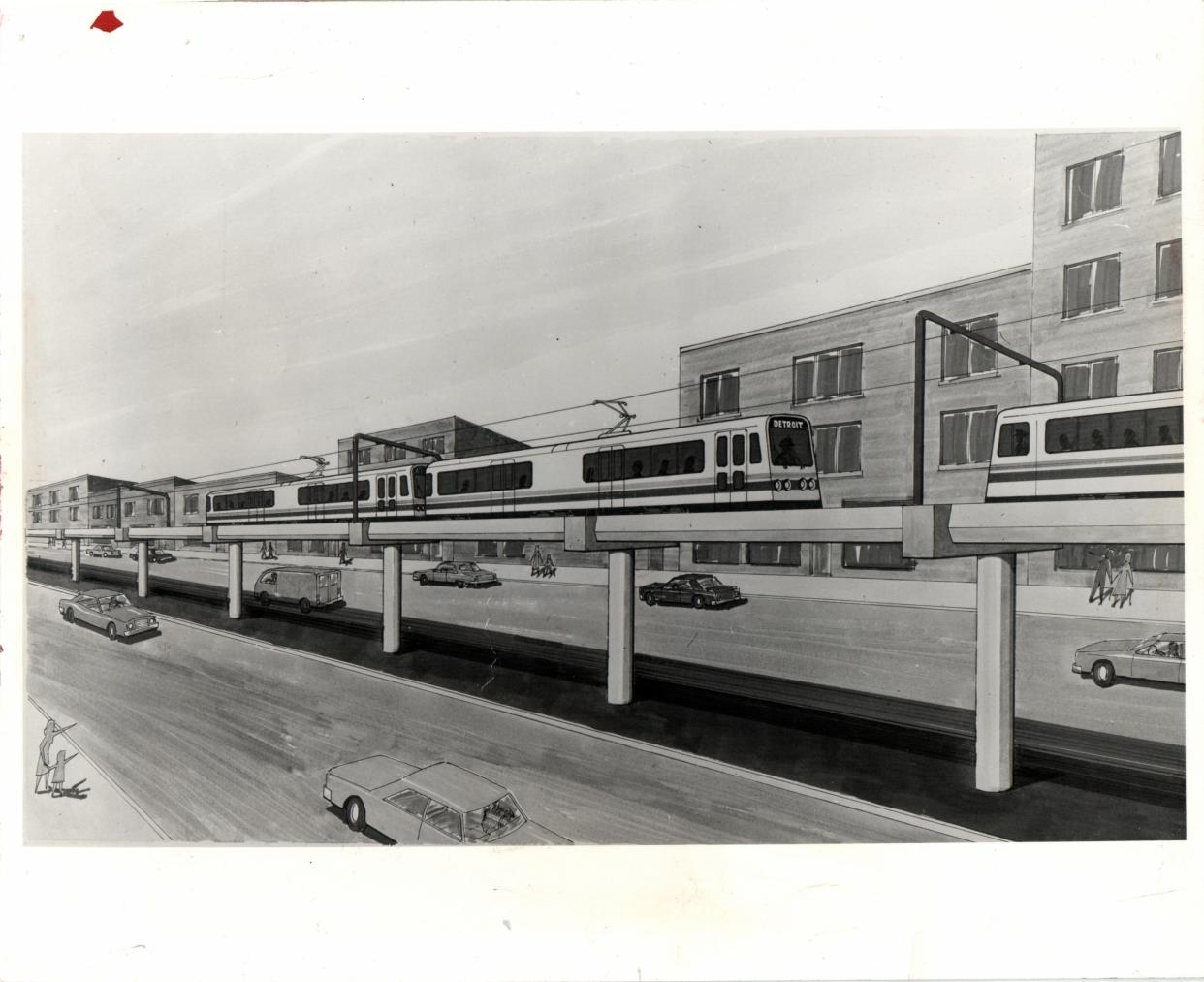 A 1979 drawing of a planned Detroit transit system featuring some elevated trains.