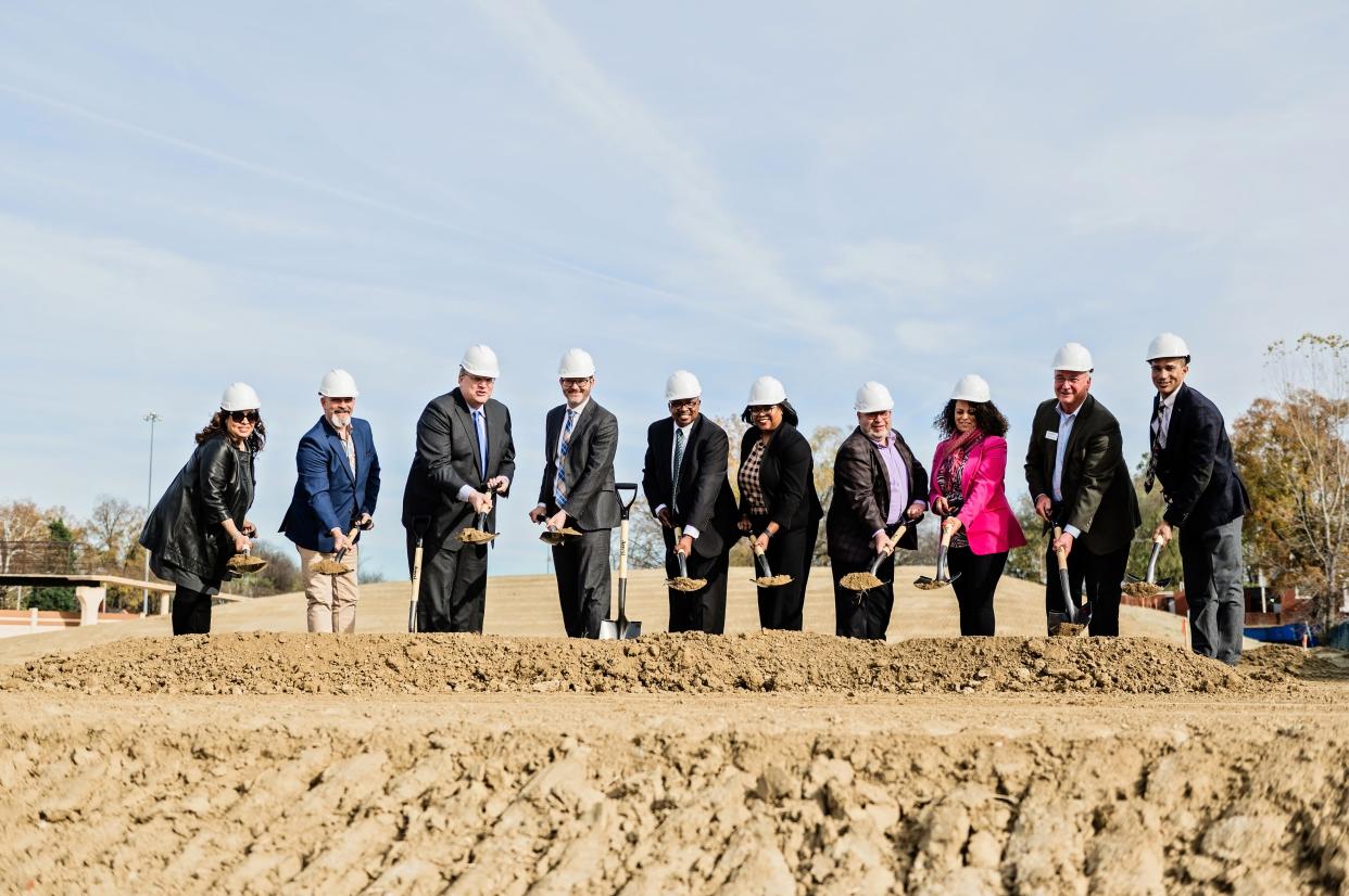 Local and state officials gather for a ceremonial groundbreaking on Edgeview at Legends Park in Memphis' Medical District on Thursday, Dec. 7, 2023.