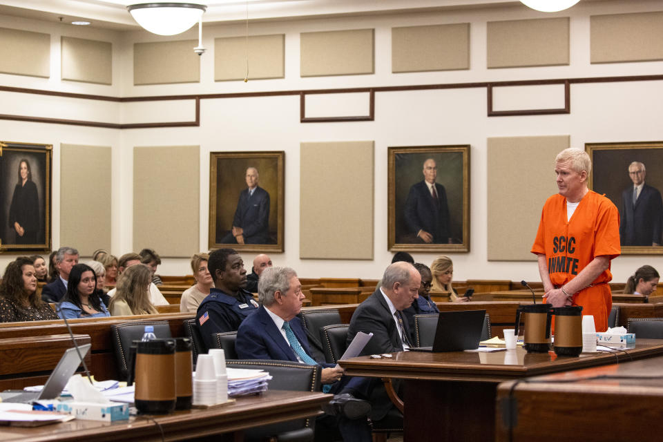 Alex Murdaugh addresses the court during his sentencing for stealing from 18 clients, Tuesday, Nov. 28, 2023, at the Beaufort County Courthouse in Beaufort, S.C. (Andrew J. Whitaker/The Post And Courier via AP, Pool)