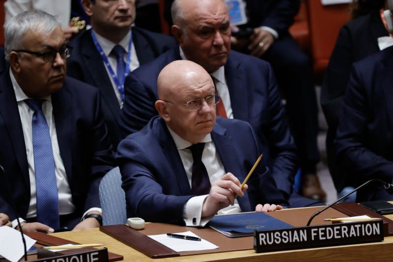 Russia's United Nations Ambassador Vasily Nebenzya waits to speak at the UN Security Council meeting during the 78th session of the General Debate at the United Nations Headquarters in New York City, Sept. 2023. “Today’s vote is a unique moment of truth for our Western colleagues,” he emphasized Monday as he called the Russian-backed resolution’s draft “comprehensive” in nature and that it reflects the “interests and aspirations of an overwhelming majority” of UN members. File photo by Jason Szenes/UPI