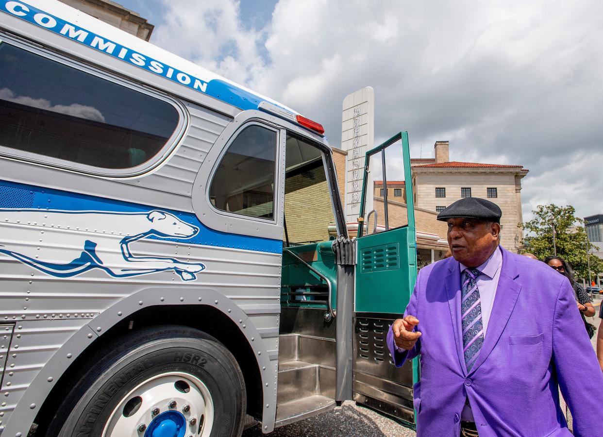 Freedom Rider Bernard Lafayette, Jr., checks out a restored vintage Greyhound bus as is unveiled at the Freedom Rides Museum in Montgomery, Ala., during a commemoration of the 60th anniversary of the Freedom Rides on May 4, 2021.