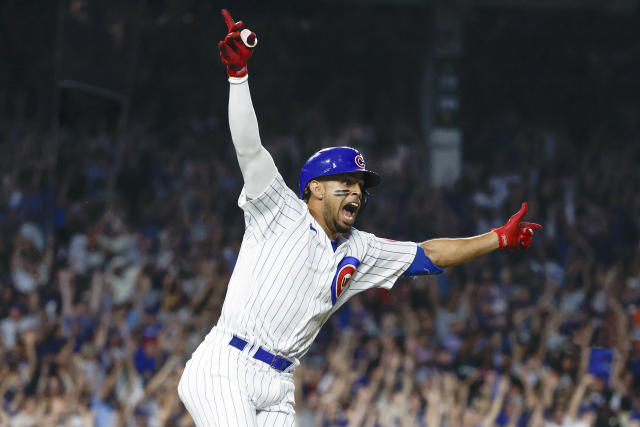 Christopher Morel #5 of the Chicago Cubs runs to first base during