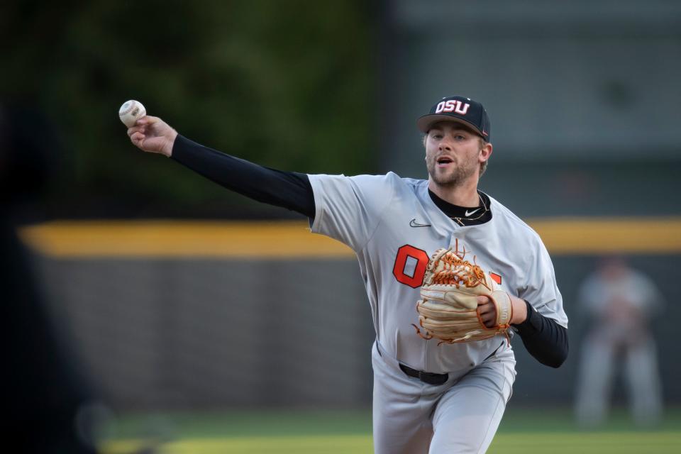 Oregon State right-handed pitcher Jaren Hunter throws out a pitch as the Oregon Ducks host the Oregon State Beavers Tuesday, April 30, 2024, at PK Park in Eugene, Ore.