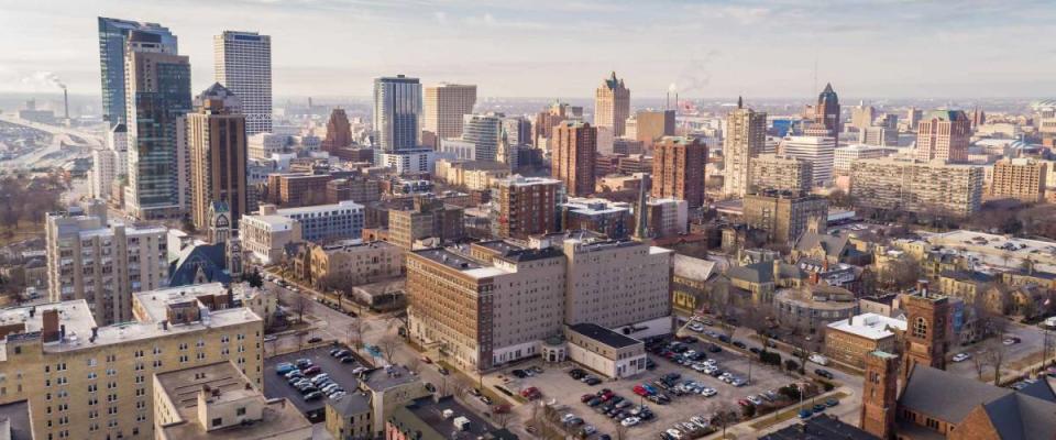 Aerial view of the downtown area of Milwaukee WI in winter taken at Ogden Street.