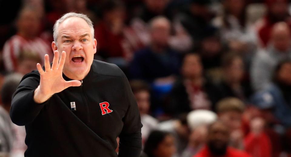 Rutgers Scarlet Knights head coach Steve Pikiell yells down court during the Big Ten Menâ€™s Basketball Tournament game against the Purdue Boilermakers, Friday, March 10, 2023, at United Center in Chicago. Purdue Boilermakers won 70-65.

Purrut031023 Am14866