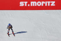 United States' Mikaela Shiffrin arrives at the finish area of an alpine ski, women's World Cup downhill race, in St. Moritz, Switzerland, Saturday, Dec.9, 2023. (AP Photo/Alessandro Trovati)