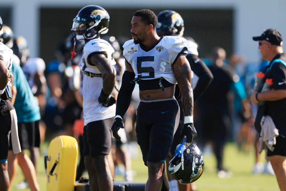 Jacksonville Jaguars safety Andre Cisco (5) looks on during training camp Monday, Aug. 7, 2023 at Miller Electric Center at EverBank Stadium in Jacksonville, Fla. This was the 11th day of training camp. 