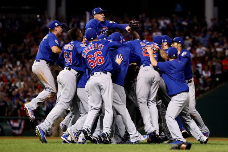 The Chicago Cubs celebrate after winning Game 7 of the Major League Baseball World Series against the Cleveland Indians on Nov. 3, 2016, in Cleveland. Photo from Ezra Shaw/Getty Images