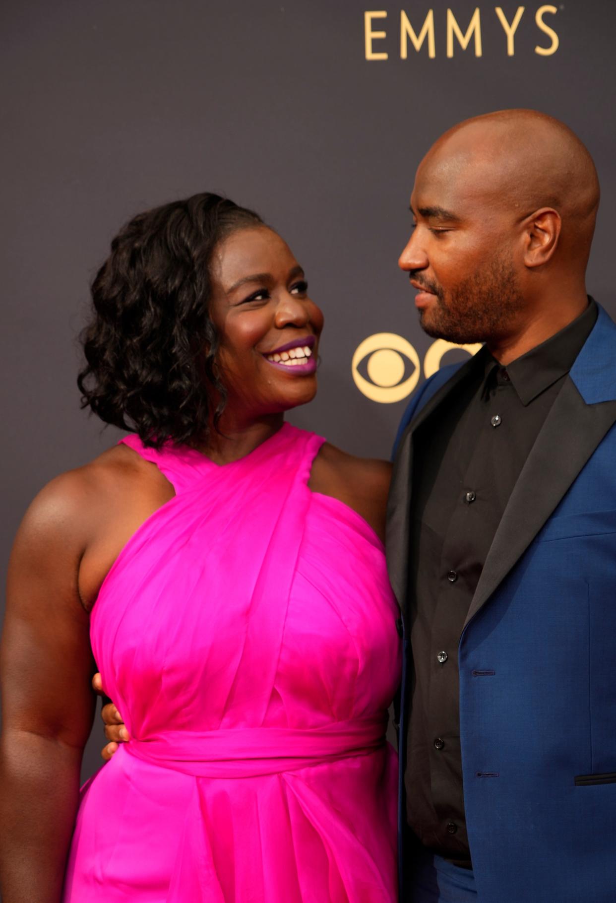 Uzo Aduba and Robert Sweeting arrive at the 73rd Emmy Awards at L.A. Live on Sep 19, 2021.