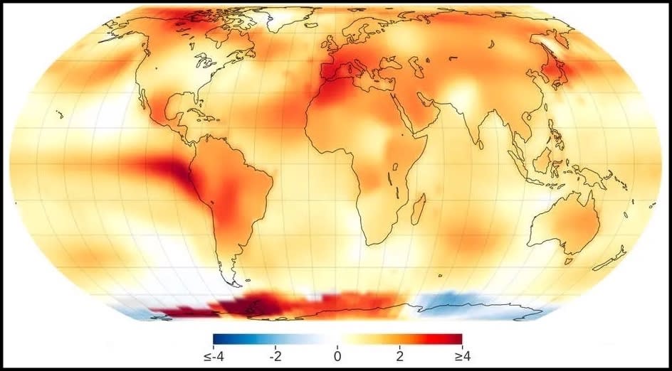 This map shows how much warmer, in degrees Celsius, the Earth was in the summer of 2023 as compared to the average summer from 1951 to 1980. Lauren Dauphin / NASA Earth Observatory