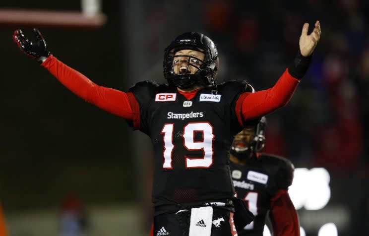 Calgary quarterback Bo Levi Mitchell celebrates as the Stampeders reached the 2016 Grey Cup with a win over B.C.