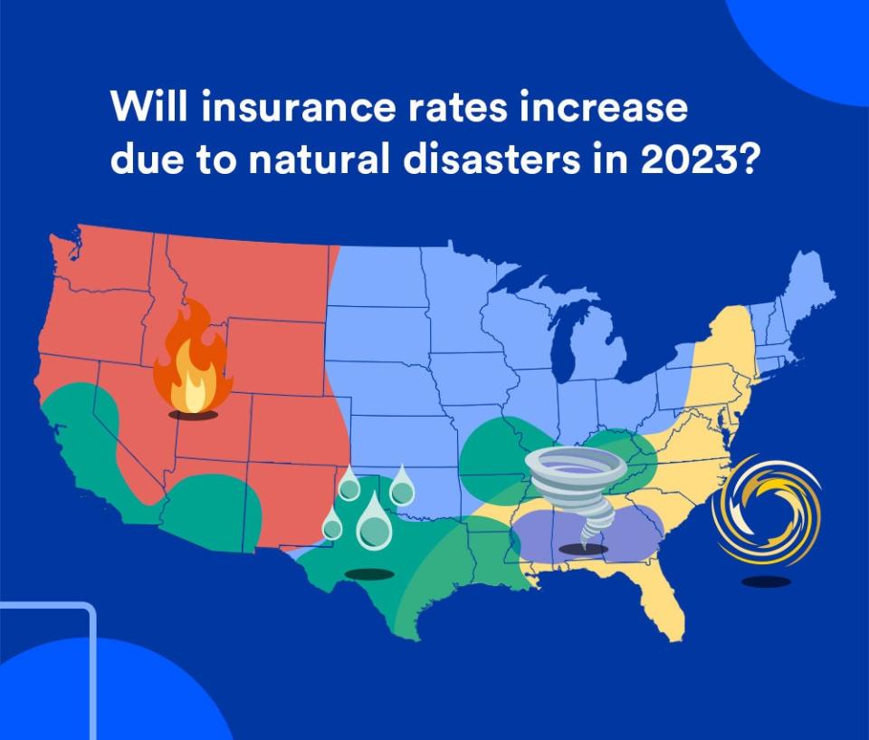 Graphic of the United States with common natural disasters highlighted in their associated regions